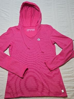 Life is Good Pink Striped V-Neck Long Sleeve Hooded Tee